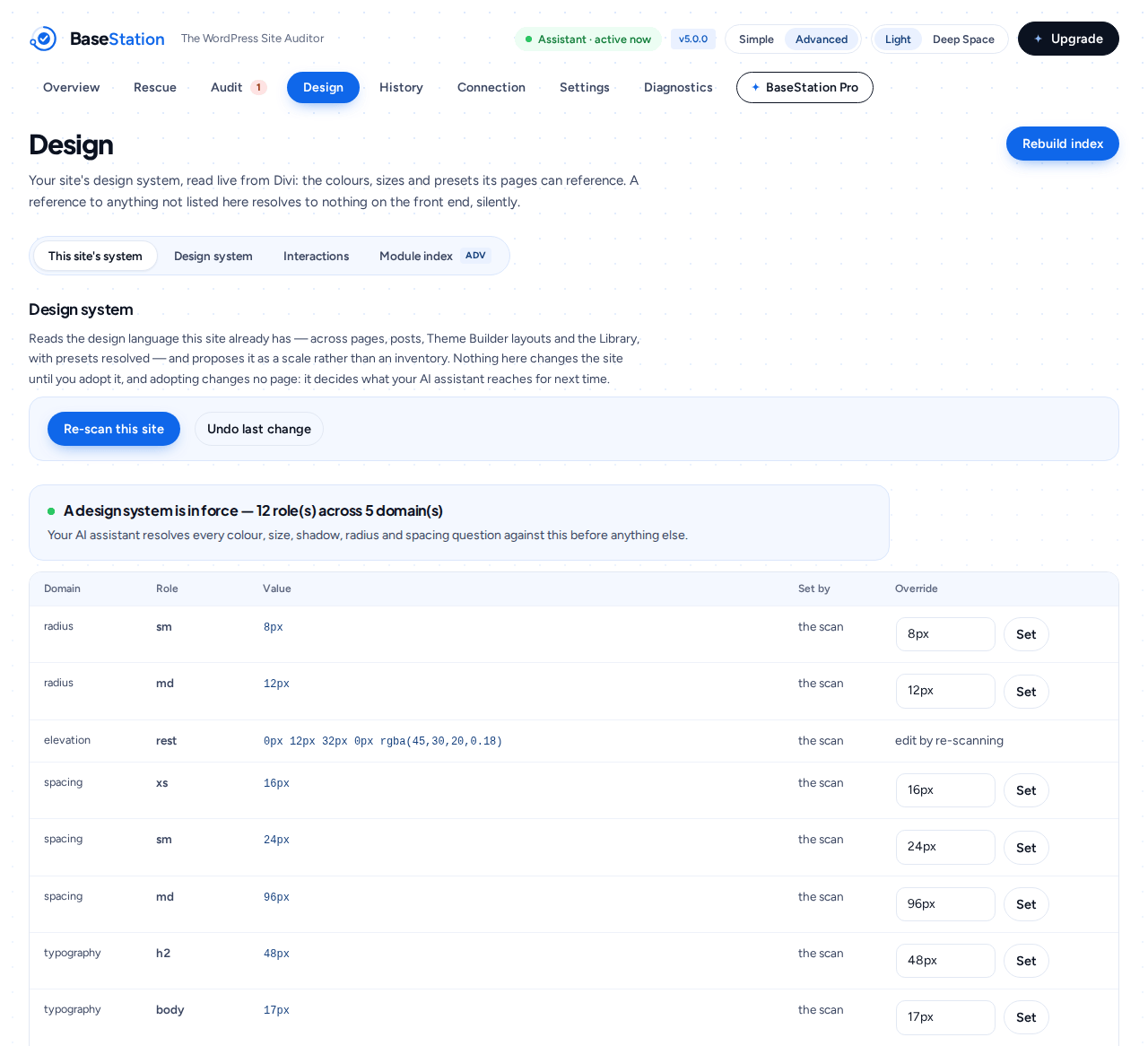 Checknaut 5.0.0 Design: the system your pages already use, adopted in one click, with an override for any role