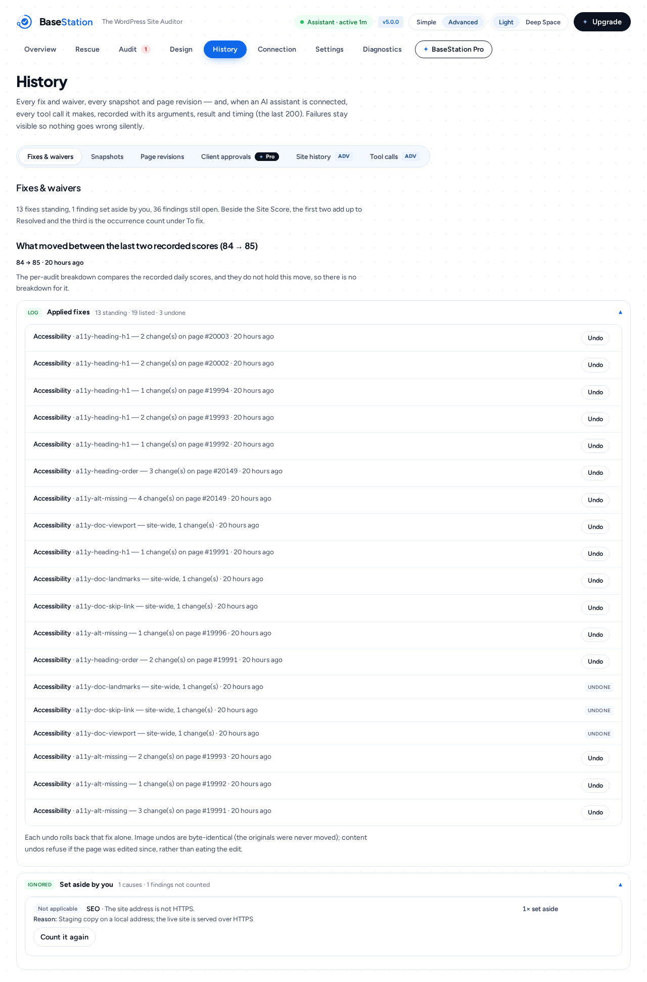 Checknaut 5.0.0 History: every fix with its Undo, every waiver with its reason