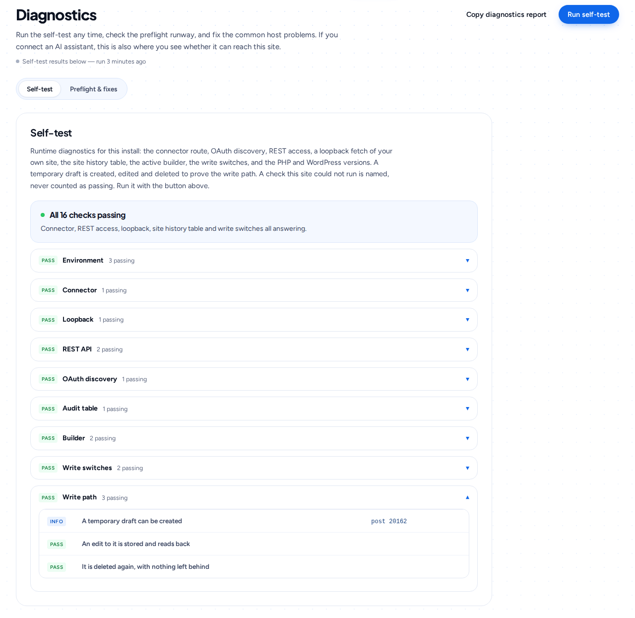 Checknaut 5.0.0 Diagnostics: the self-test run on the install, here the wordpress.org build’s runtime self-test with all 16 checks passing