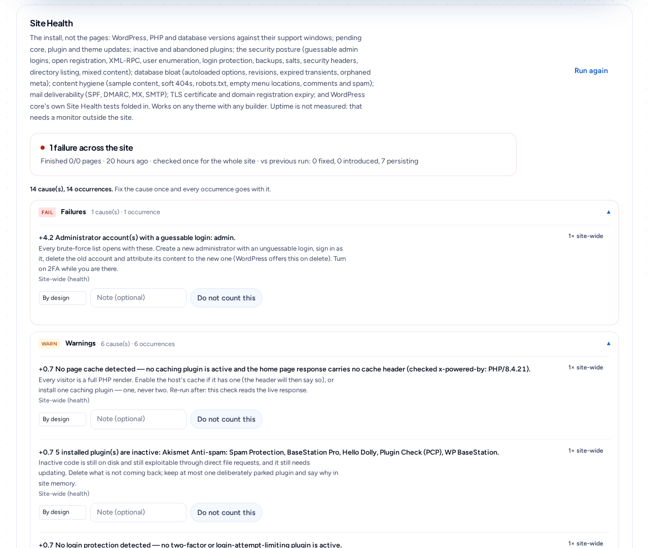 Checknaut 5.0.0 Site Health: the install itself, with the fix for each finding